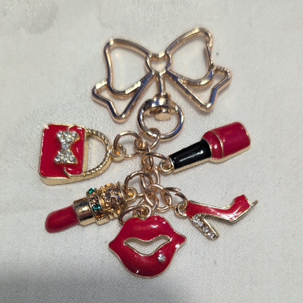 Bag Charm Gold Tone With Bow Clip And 5 Red Charms 💋